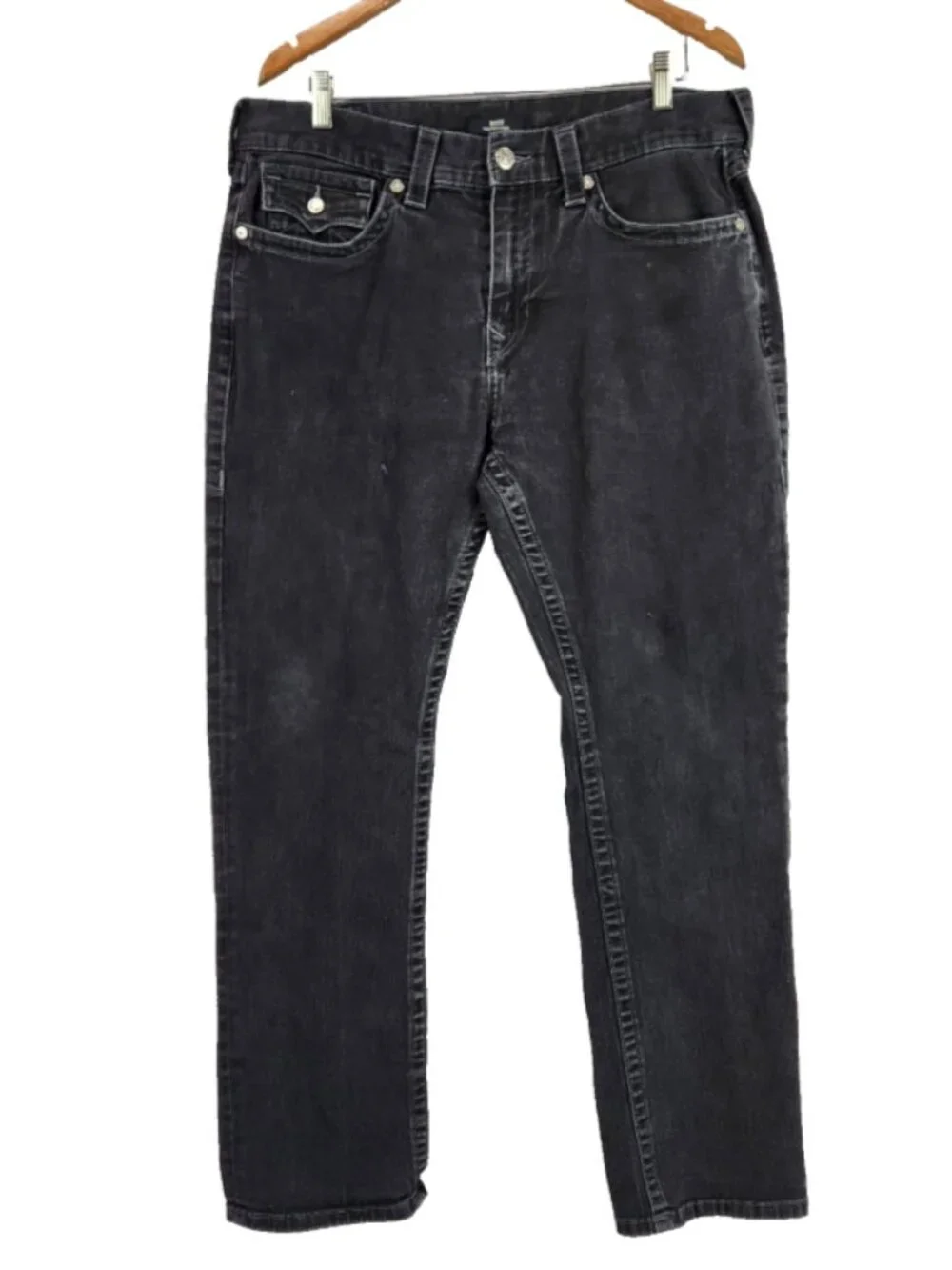 True Religion Brand Jeans Ricky Relaxed Straight Mens 36 Y2K Button Flap Black